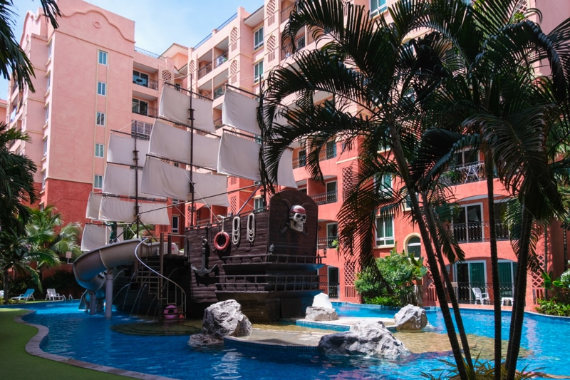 Themed Swimming Pool With Pirate Ship at Seven Seas Condo Resort
